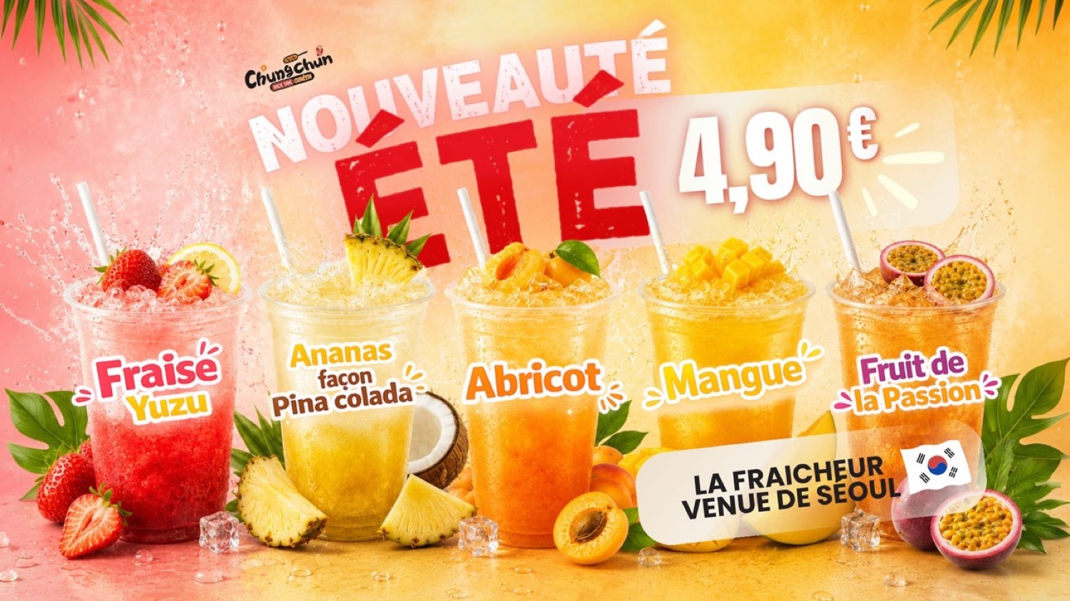 Seoul Ade — nouveauté été, 5 parfums pétillants : Fraise Yuzu, Ananas façon Piña Colada, Abricot, Mangue et Fruit de la Passion