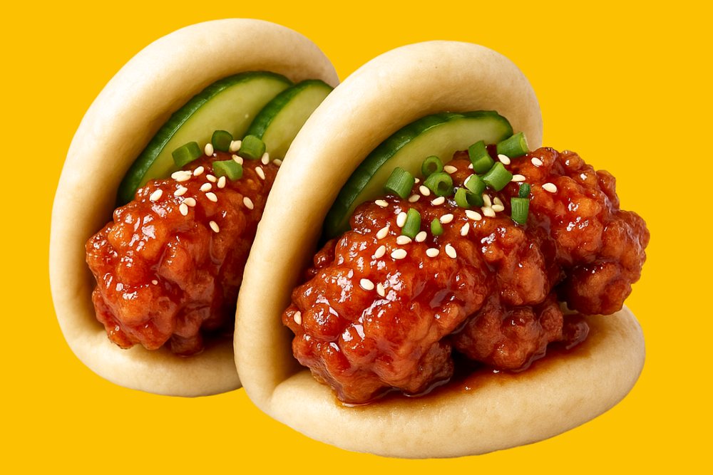 Chikin Bao — deux baos vapeur garnis de poulet croustillant et concombre